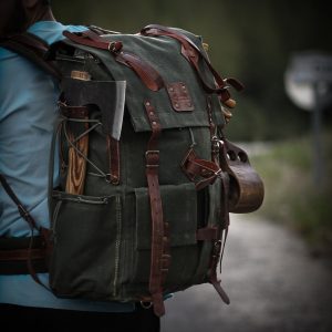 Customizable 50L Green Leather Camping Backpack for Hiking, Bushcraft, and Travel