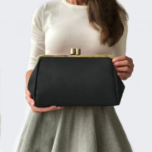 Dakota Vintage Black Leather Kiss Lock Clutch Handbag