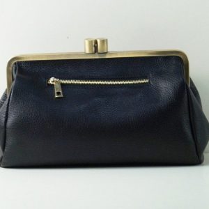 Dakota Vintage Black Leather Kiss Lock Clutch Handbag