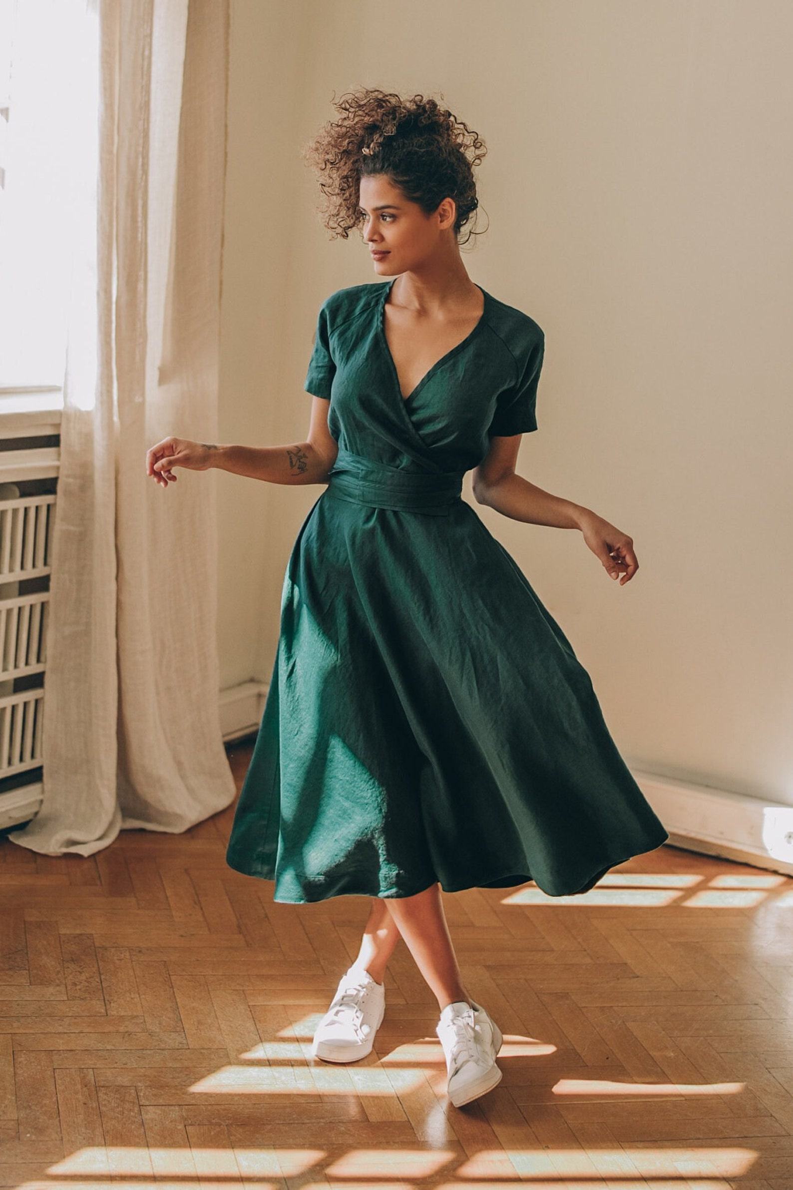 Deep Green Linen Dress Classic, Elegant, and Sustainable Summer Style - Image 2