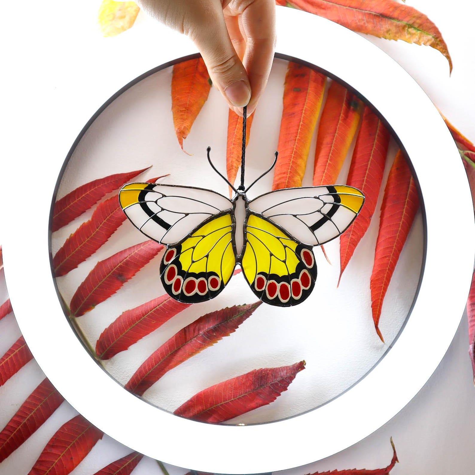 Delias Jezebel Butterfly Suncatcher – Stained Glass Ornament, Handmade Holiday Decor & Garden Art