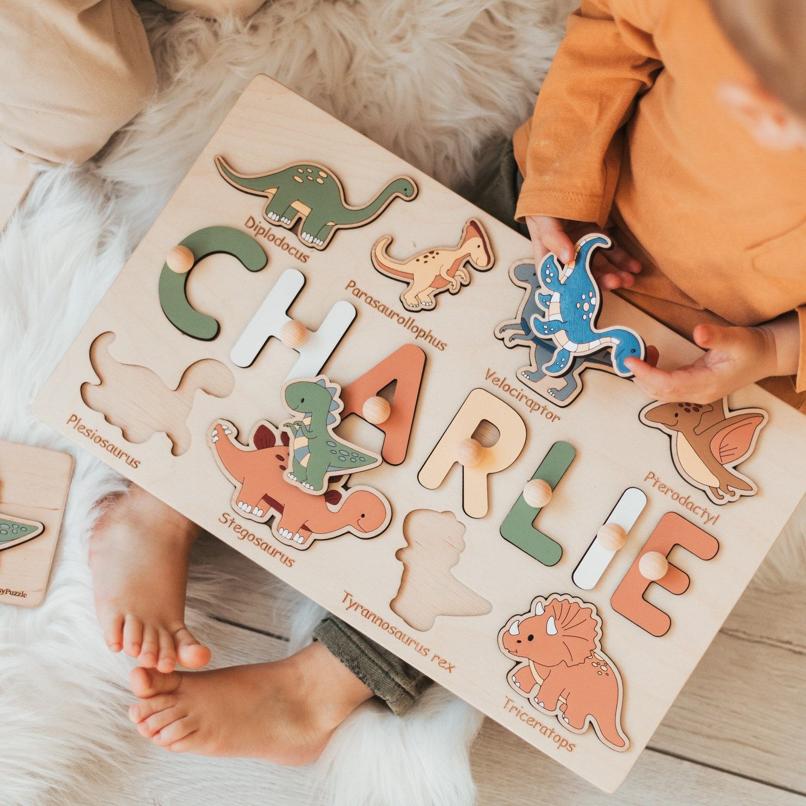 Dinosaur Puzzle Present  Personalized Name Puzzle for Baby, Montessori Toy, Nursery Decor & Birthday!