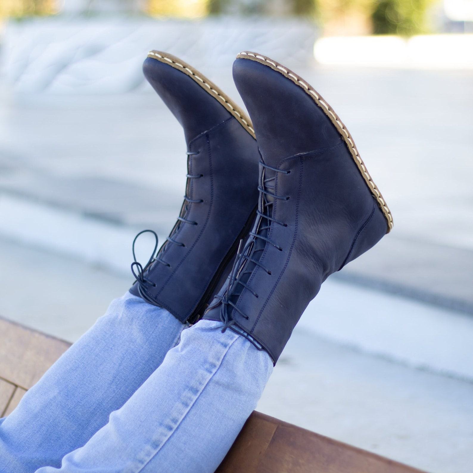Earth Shoe Barefoot Boots – Crazy Navy Leather, Grounding Copper Rivets | Men’s Earthing Boots