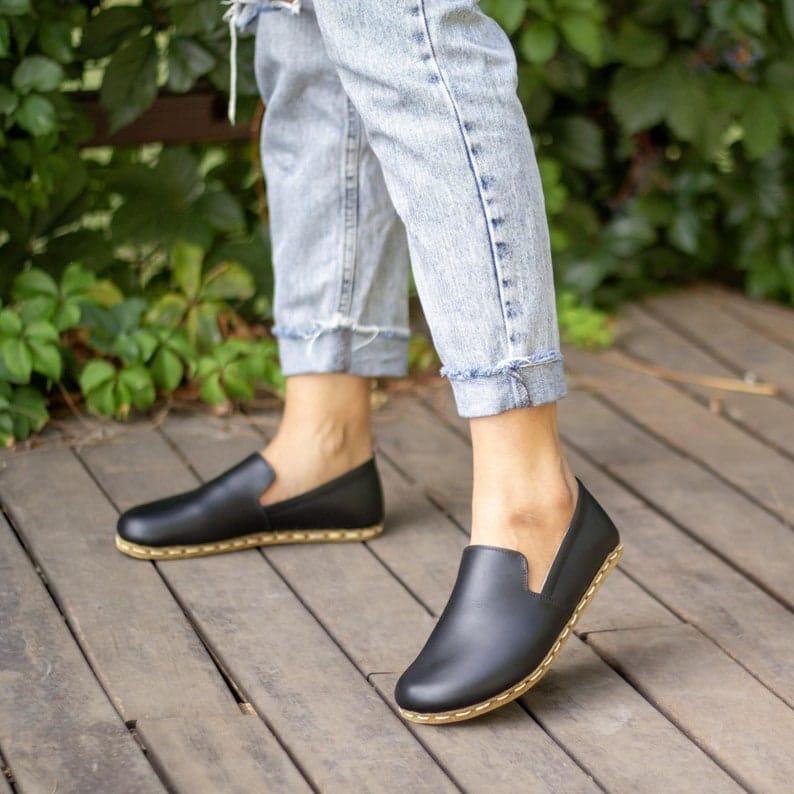 Earthing Barefoot Shoes  Black Leather Grounded Shoes for Women – Copper Sole