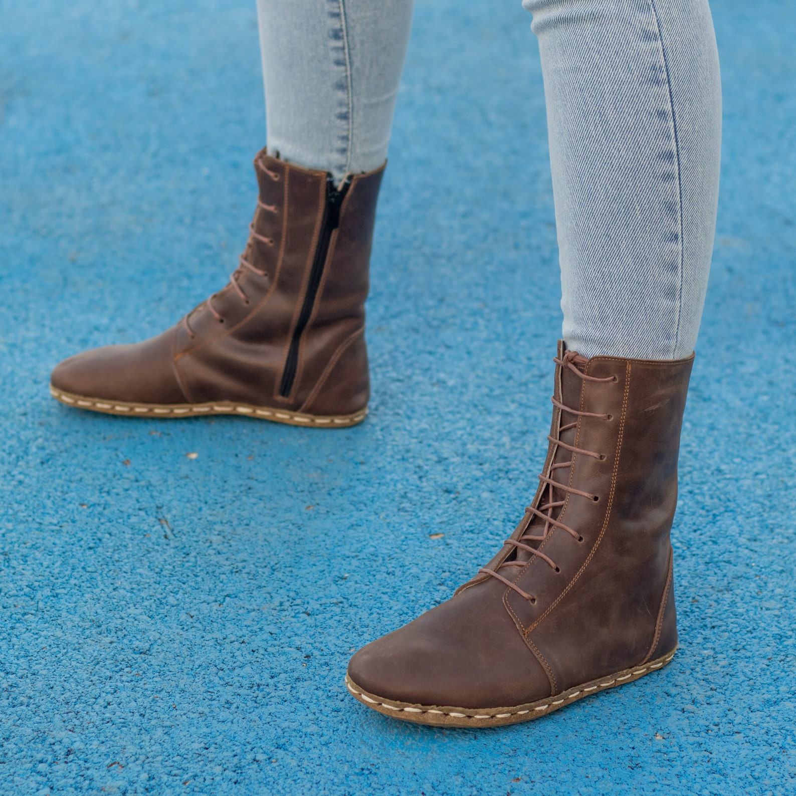 Earthing Women’s Barefoot Leather Boots – Grounding Copper Rivet – Crazy Classic Brown