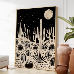Eclectic Linocut-Style Desert Landscape Wall Art A Stunning Black Cream Desert Scene with Cactus and Moon