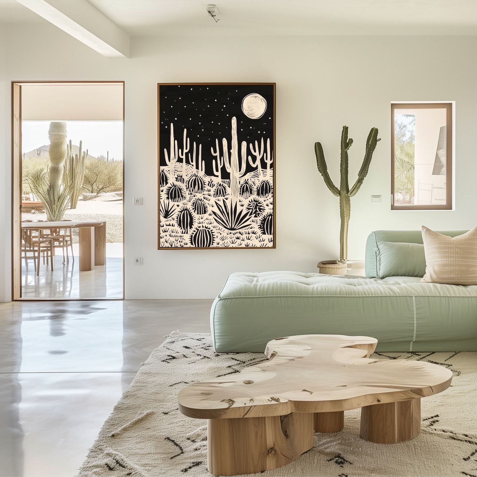 Eclectic Linocut-Style Desert Landscape Wall Art A Stunning Black Cream Desert Scene with Cactus and Moon