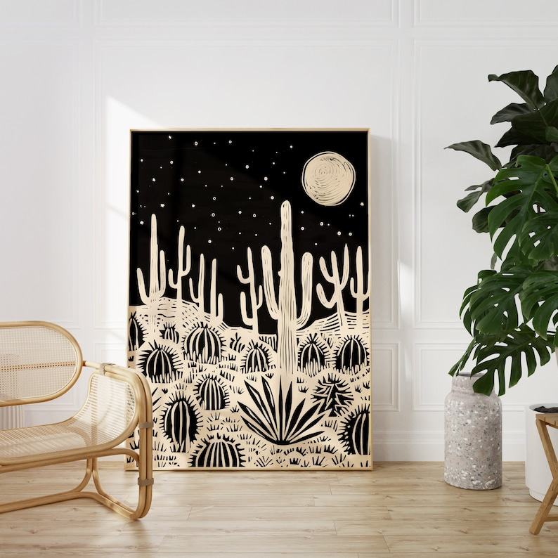 Eclectic Linocut-Style Desert Landscape Wall Art A Stunning Black Cream Desert Scene with Cactus and Moon