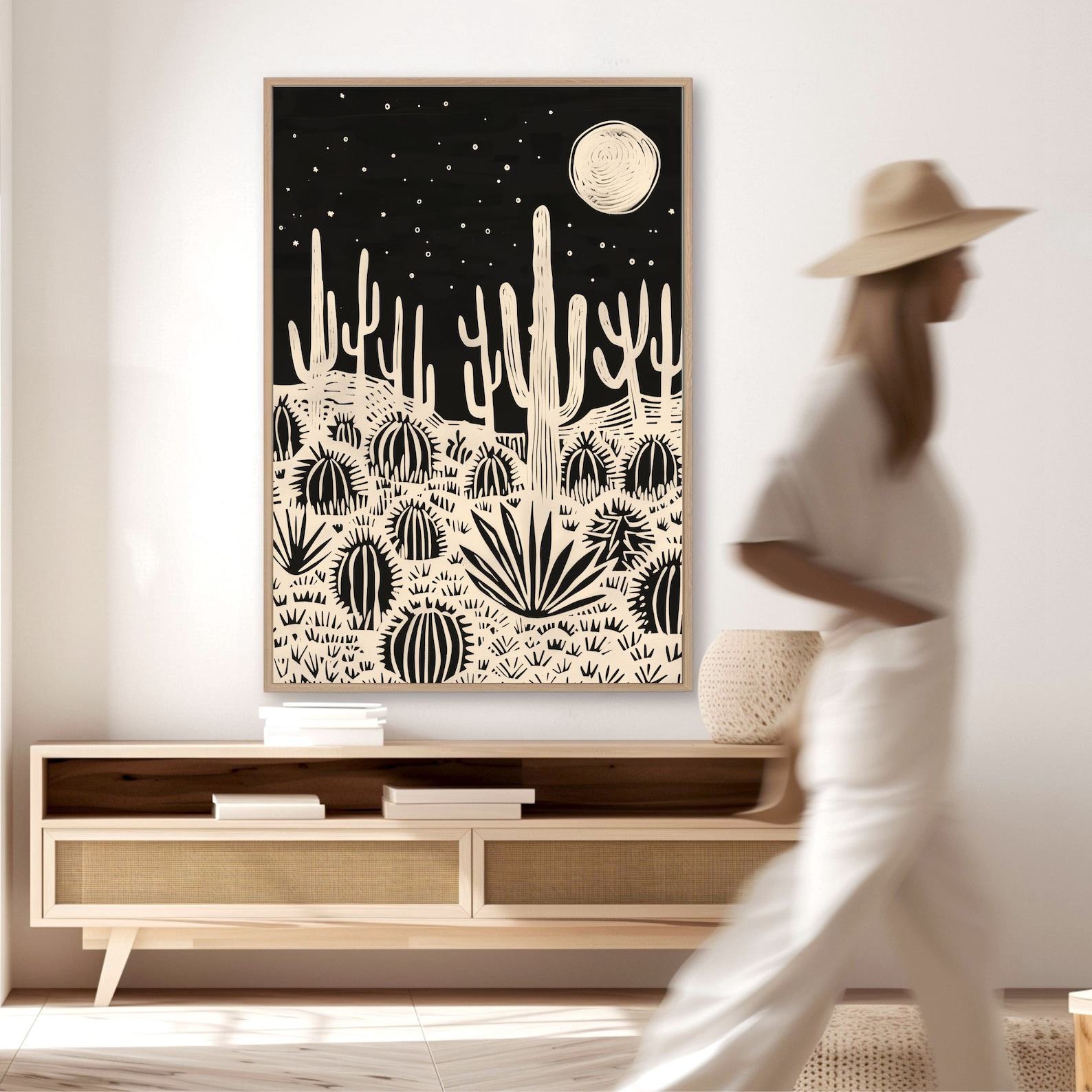 Eclectic Linocut-Style Desert Landscape Wall Art A Stunning Black Cream Desert Scene with Cactus and Moon