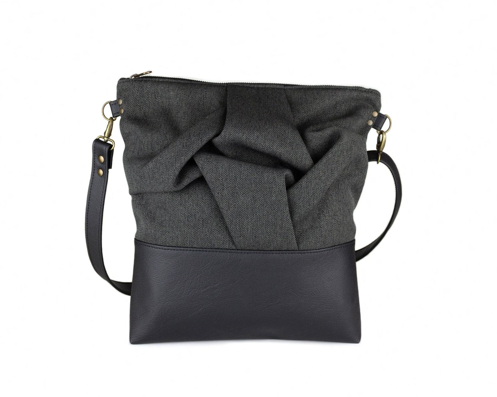 Edgy and Eco-Chic Charcoal Origami Crossbody Bag with Vegan Leather Accents - Image 2