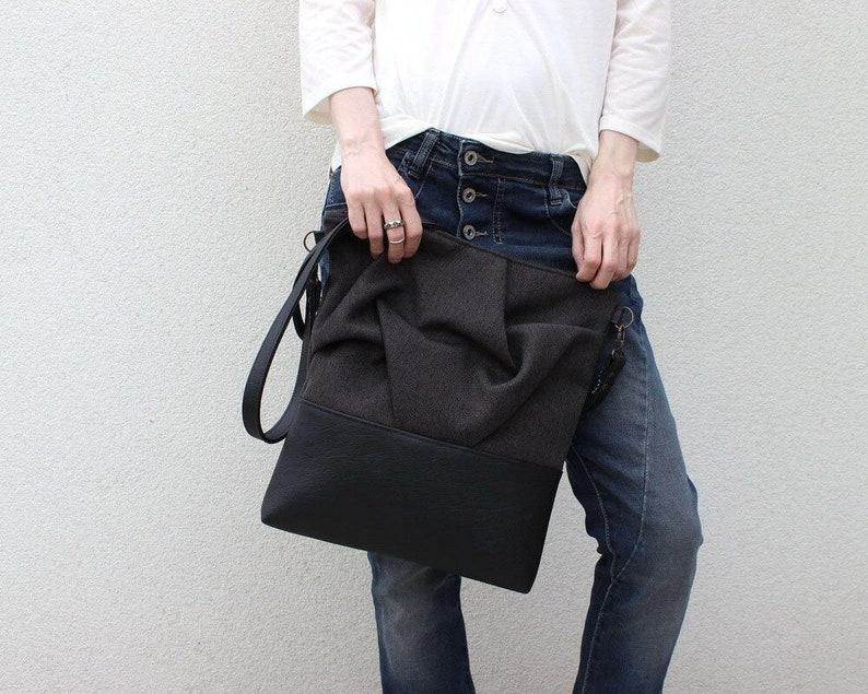 Edgy and Eco-Chic Charcoal Origami Crossbody Bag with Vegan Leather Accents