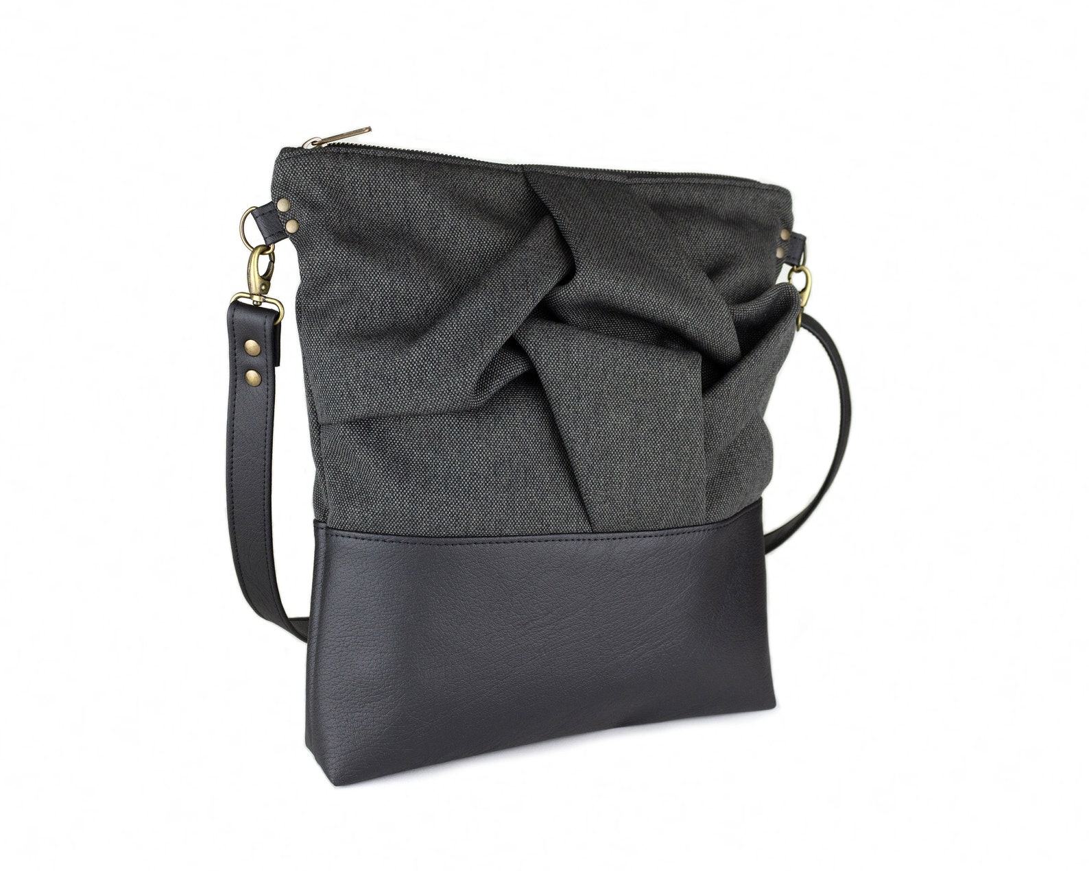 Edgy and Eco-Chic Charcoal Origami Crossbody Bag with Vegan Leather Accents - Image 4