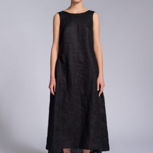 Elegant Linen A-Line Dress with Flowing Back Drape A92277