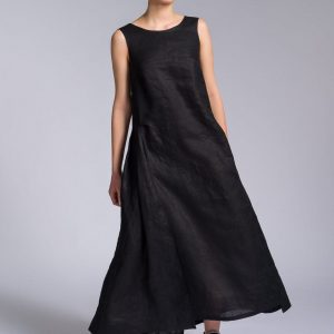 Elegant Linen A-Line Dress with Flowing Back Drape A92277