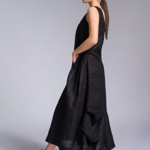 Elegant Linen A-Line Dress with Flowing Back Drape A92277