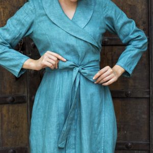 Elegant Linen Wrap Dress Versatile Maxi with Pockets, Plus and Petite Sizes