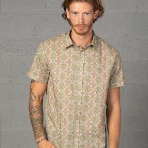 Embark on a Tribal Odyssey Shipibo Short Sleeve Men’s Button-Up Shirt for Urban Explorers and Hippie Aesthetes