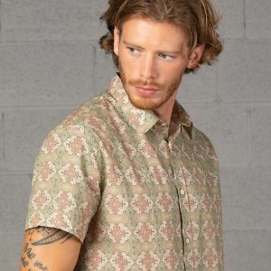Embark on a Tribal Odyssey Shipibo Short Sleeve Men’s Button-Up Shirt for Urban Explorers and Hippie Aesthetes