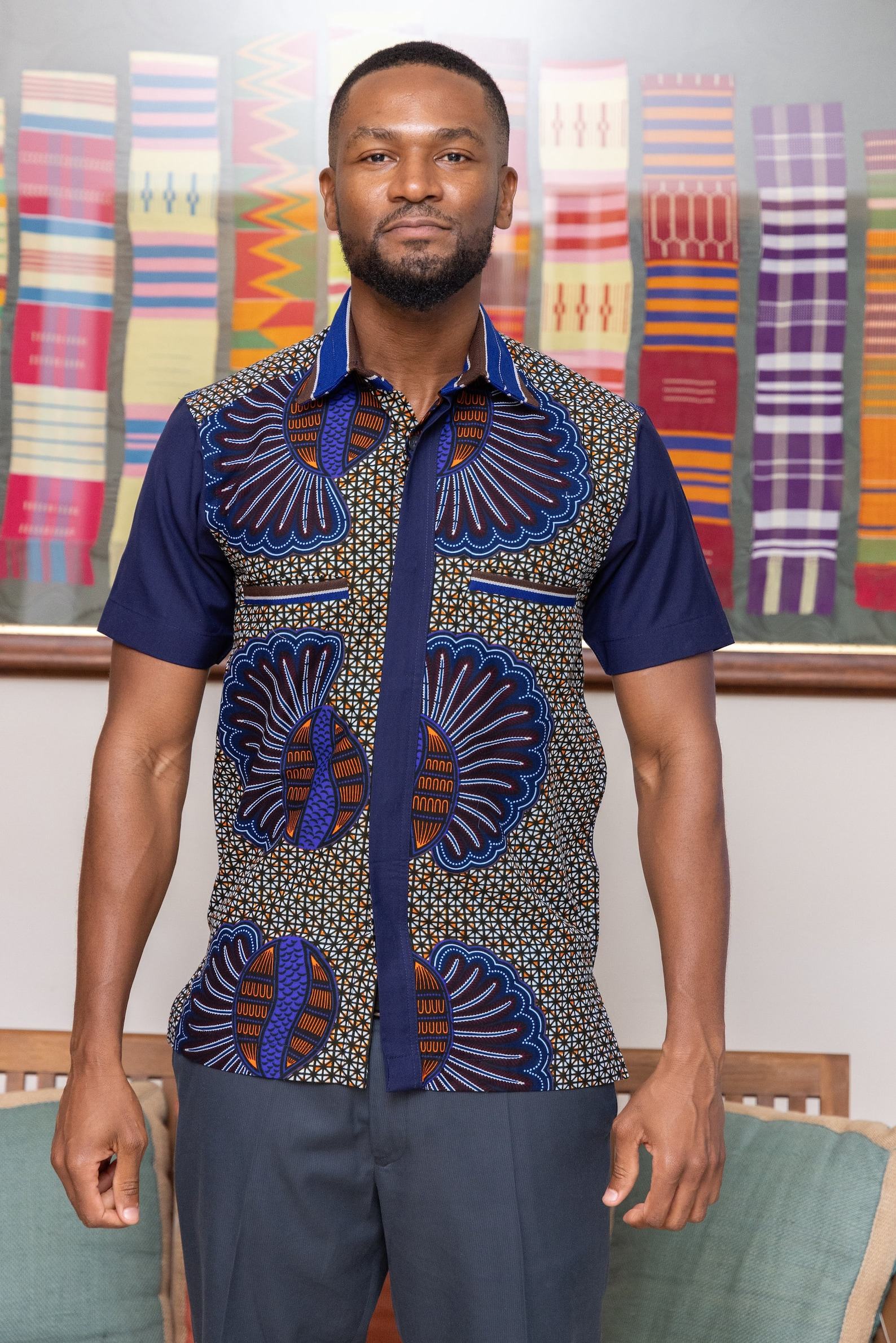 Embrace Cultural Vibrance Zedi’s Navy Men’s African Print Cotton Ankara Shirt - Image 5