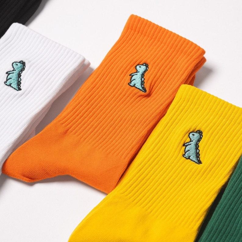 Embroidered Dino Socks Unisex Cotton Crew Socks UK – Delightful, Embroidered Dinosaur Socks – Interesting  Item for Friends and Family