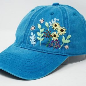 Embroidered Floral Baseball Cap Faded Blue Summer Style