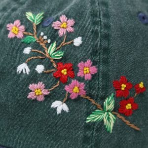 Embroidered Floral Baseball Cap Summer Sun Hat with Handcrafted Pink and Red Flowers
