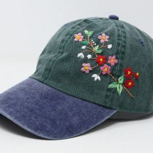 Embroidered Floral Baseball Cap Summer Sun Hat with Handcrafted Pink and Red Flowers