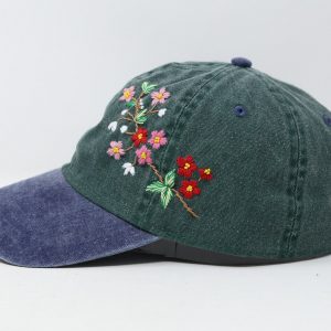Embroidered Floral Baseball Cap Summer Sun Hat with Handcrafted Pink and Red Flowers