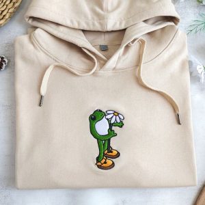 Embroidered Frog Hoodie A Hoppy and Floral Delight for Nature Enthusiasts