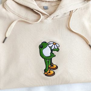 Embroidered Frog Hoodie A Hoppy and Floral Delight for Nature Enthusiasts
