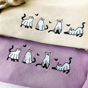 Embroidered Ghost Cats Sweatshirt Spooky Season’s Purrfect Hoodie for Cat Lovers