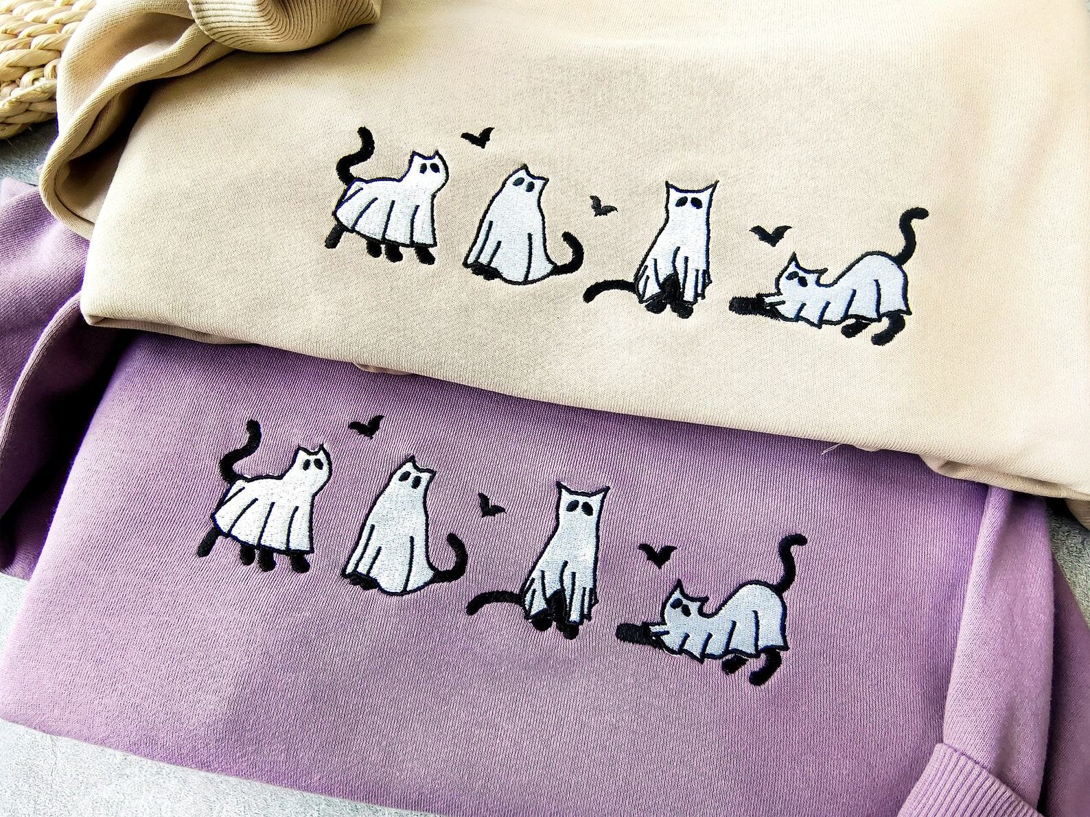 Embroidered Ghost Cats Sweatshirt Spooky Season’s Purrfect Hoodie for Cat Lovers - Image 4