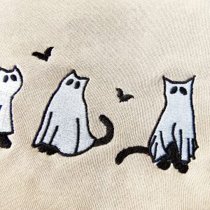 Embroidered Ghost Cats Sweatshirt Spooky Season’s Purrfect Hoodie for Cat Lovers
