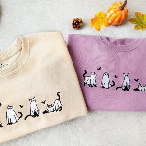 Embroidered Ghost Cats Sweatshirt Spooky Season’s Purrfect Hoodie for Cat Lovers