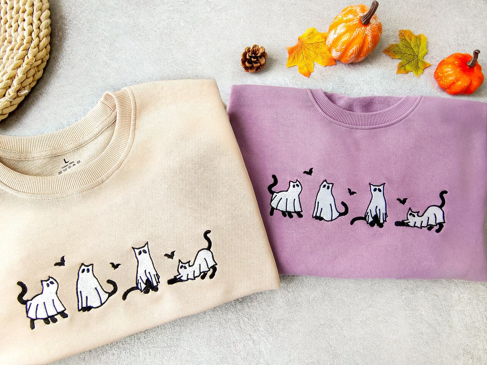 Embroidered Ghost Cats Sweatshirt Spooky Season’s Purrfect Hoodie for Cat Lovers - Image 3