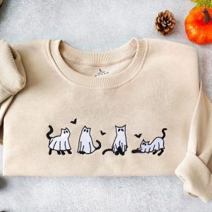 Embroidered Ghost Cats Sweatshirt Spooky Season’s Purrfect Hoodie for Cat Lovers