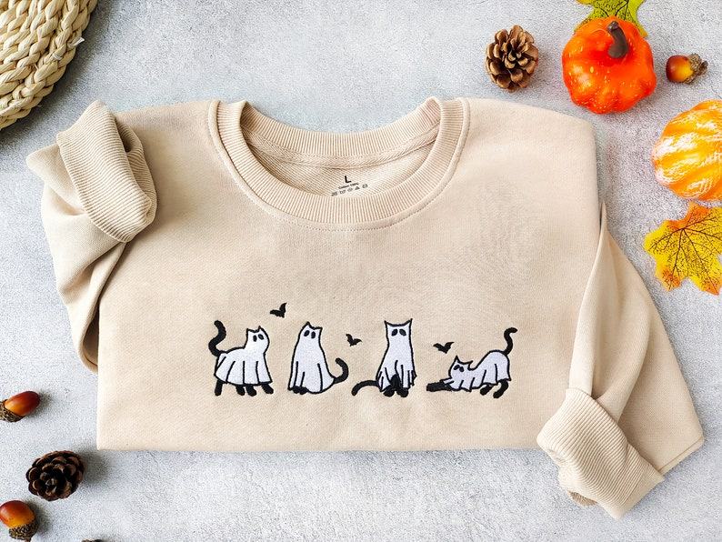 Embroidered Ghost Cats Sweatshirt Spooky Season’s Purrfect Hoodie for Cat Lovers