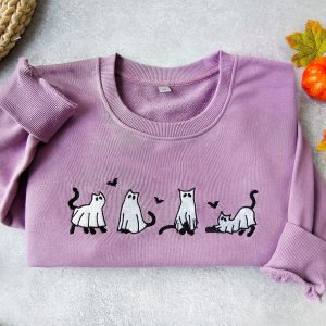 Embroidered Ghost Cats Sweatshirt Spooky Season’s Purrfect Hoodie for Cat Lovers
