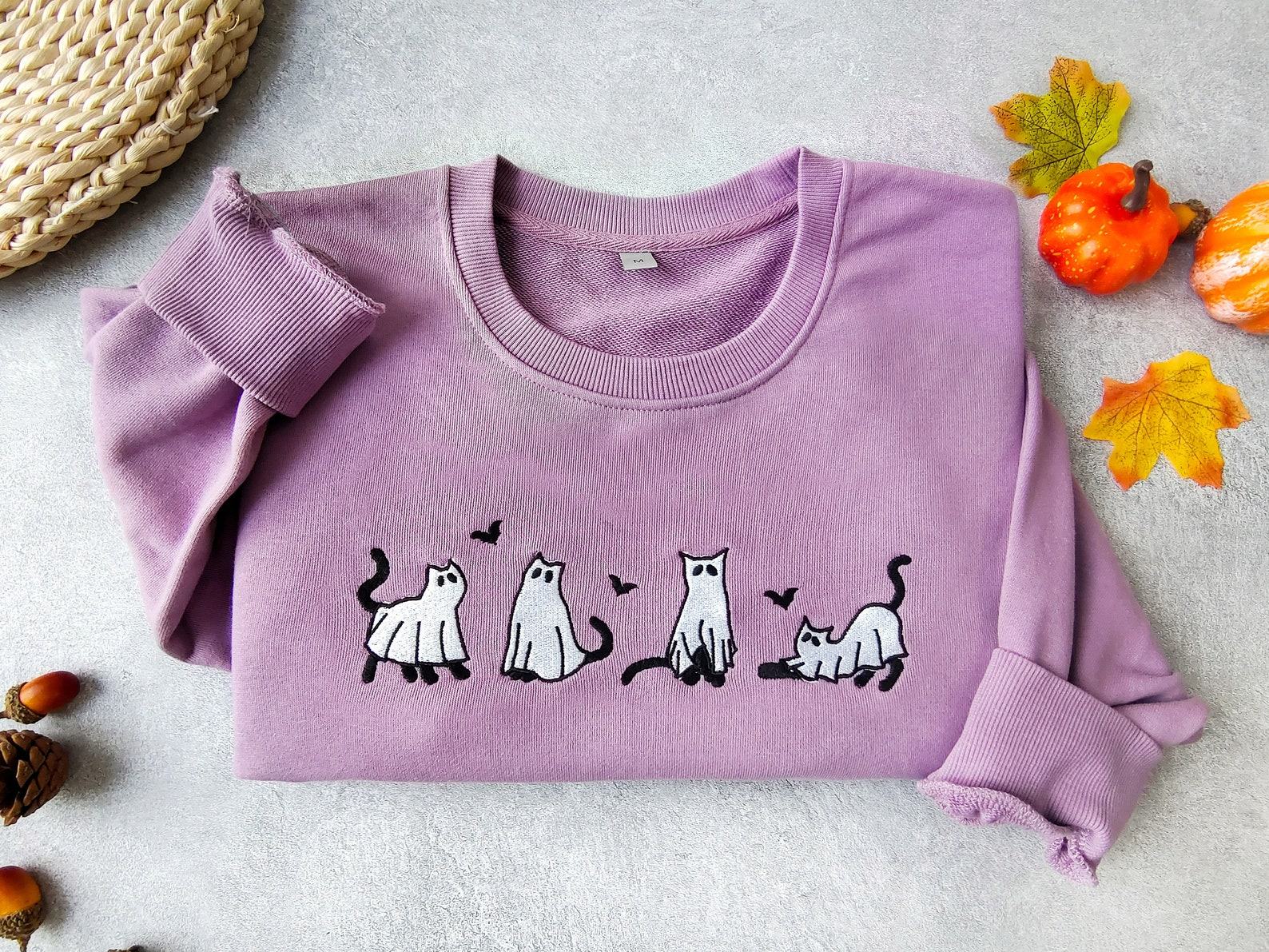 Embroidered Ghost Cats Sweatshirt Spooky Season’s Purrfect Hoodie for Cat Lovers - Image 2