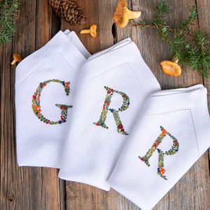 Embroidered Linen Napkins Personalized with Boletus and Chanterelles Motifs