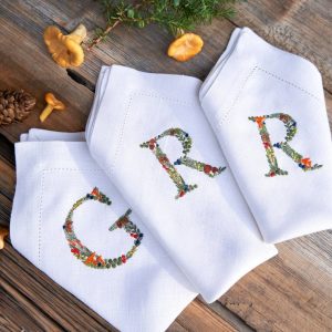 Embroidered Linen Napkins Personalized with Boletus and Chanterelles Motifs