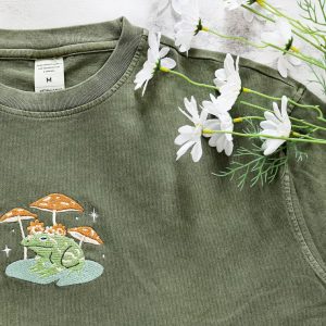 Embroidered Nature’s Embrace Personalized Frog and Mushroom T-shirt for Nature Enthusiasts