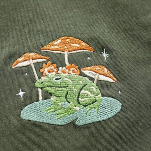 Embroidered Nature’s Embrace Personalized Frog and Mushroom T-shirt for Nature Enthusiasts