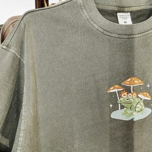 Embroidered Nature’s Embrace Personalized Frog and Mushroom T-shirt for Nature Enthusiasts