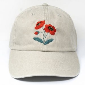 Embroidered Red Poppy Baseball Cap Washed Cotton, Curved Brim, Summer Style