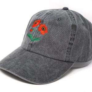 Embroidered Red Poppy Baseball Cap Washed Cotton, Curved Brim, Summer Style