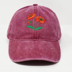 Embroidered Red Poppy Baseball Cap Washed Cotton, Curved Brim, Summer Style