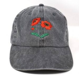 Embroidered Red Poppy Baseball Cap Washed Cotton, Curved Brim, Summer Style