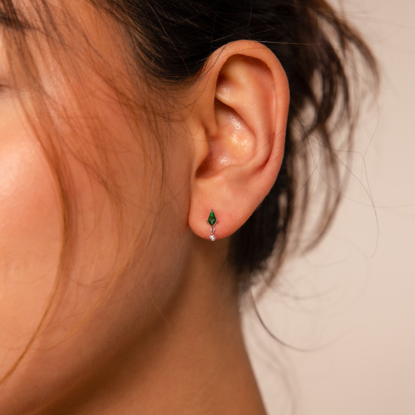 Emerald Kite Stud Earrings Minimalist Gemstone Drops with Diamond Charm