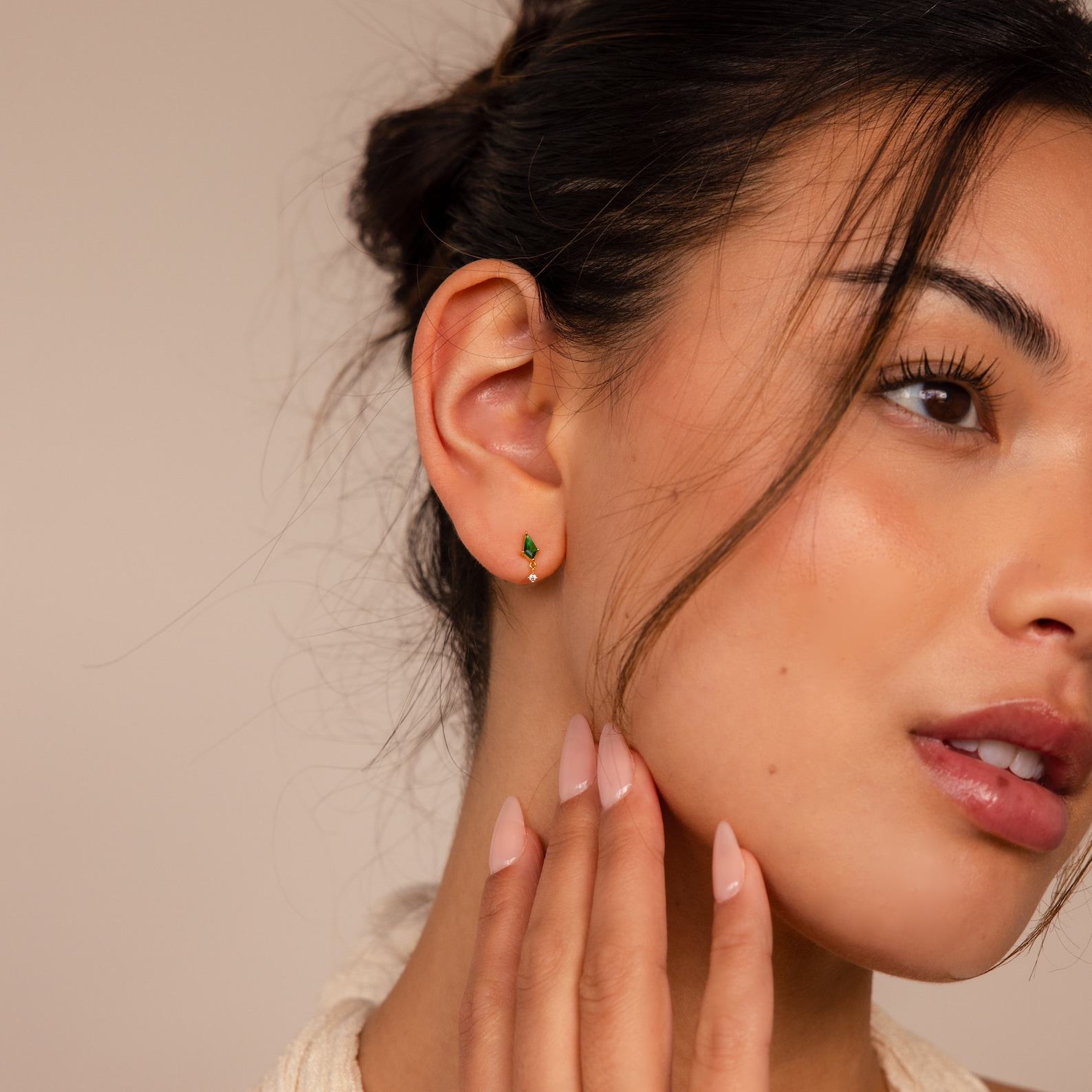 Emerald Kite Stud Earrings Minimalist Gemstone Drops with Diamond Charm